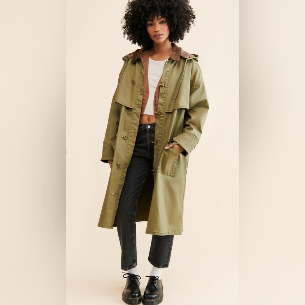 Free People x Found Prairie Buckle Coat Barn Jacket in olive waxed cotton